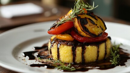 Leinwandbilder - A beautifully plated polenta dish, layered with grilled vegetables and drizzled with balsamic reduction, showcasing a vibrant and colorful presentation.