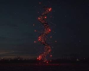 Poster - Glowing digital helix at night, rural landscape background, data concept, tech illustration