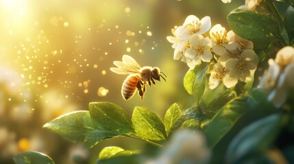 Aufkleber - A beautiful scene of a honeybee collecting nectar from a flower nearby, with its wings glistening in the sunlight and a green leaf in the foreground.