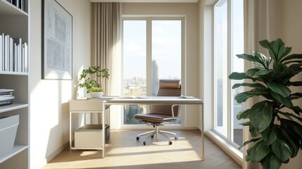 Aufkleber - A bright and airy home office featuring a minimalist desk, a comfortable chair, and a few decorative plants, promoting focus and productivity in a clean environment.