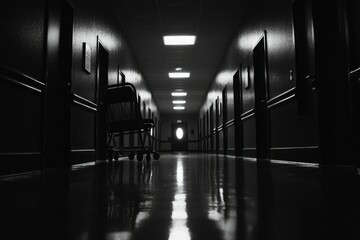 Wall Mural - Abandoned wheelchair sits in a dark hospital corridor