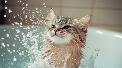 Poster - A cat mid-shake in the bath, water droplets flying everywhere as it tries to shake off the water, creating a humorous splash effect.