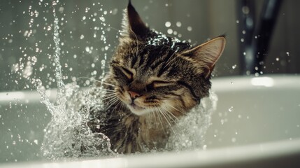 Poster - A cat mid-shake in the bath, water droplets flying everywhere as it tries to shake off the water, creating a humorous splash effect.
