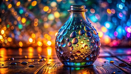 Wall Mural - Macro Close-up of Glass Bottle on Wooden Table - Detailed Texture and Reflections