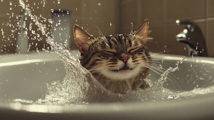 Poster - A cat mid-shake in the bath, water droplets flying everywhere as it tries to shake off the water, creating a humorous splash effect.