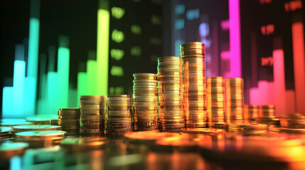Poster - Stacks of coins representing financial growth with colorful digital graphs behind
