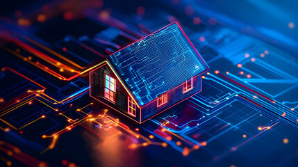 Poster - Digital house model on a circuit board background, symbolizing smart technology integration