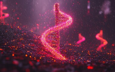 Poster - Glowing DNA helix rises from dark, fiery landscape; genetic research concept