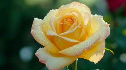 Poster - A close-up of a blooming rose with dew drops delicately resting on its petals, showcasing the intricate layers and vibrant color, symbolizing beauty and freshness.