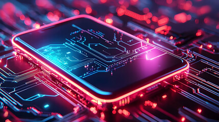 Poster - futuristic smartphone resting on a circuit board, glowing with vibrant neon lights