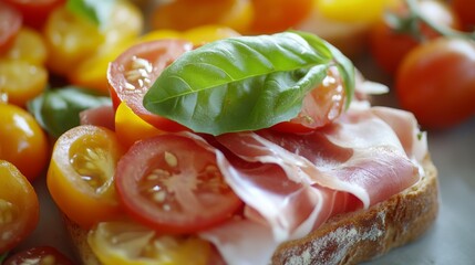 Poster - A close-up of a delicate sandwich made with crusty bread, layered with Prosciutto di Parma, fresh basil, and heirloom tomatoes, showcasing fresh and flavorful ingredients.