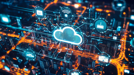 Poster - Futuristic cityscape with cloud computing icons and glowing network connections