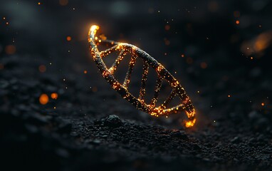 Poster - Glowing DNA strand on dark surface, sparks background; genetic research