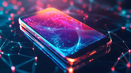 Poster - Vibrant smartphone illuminated by colorful digital patterns against a tech backdrop