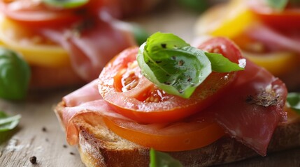 Poster - A close-up of a delicate sandwich made with crusty bread, layered with Prosciutto di Parma, fresh basil, and heirloom tomatoes, showcasing fresh and flavorful ingredients.