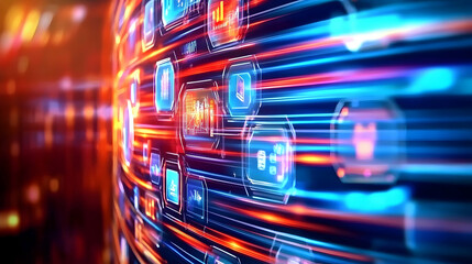 Poster - Data stream, digital icons, server room, glowing background, tech illustration