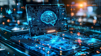 Poster - futuristic laptop displaying a digital brain concept in a tech environment