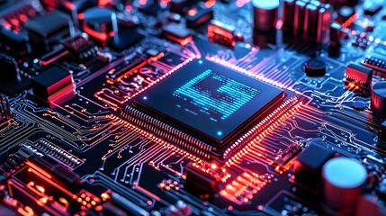 Poster - Close-up of a vibrant microchip on a circuit board with glowing elements