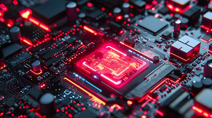 Poster - Close-up of a glowing microprocessor on a circuit board with intricate details