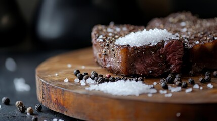 Poster - A close-up of a seasoned bistecca on a wooden platter, garnished with sea salt and black pepper, emphasizing the simplicity and quality of the ingredients.