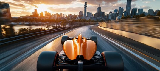 Wall Mural - Orange Formula One race car, viewed from behind, speeds along track toward modern cityscape at sunset.