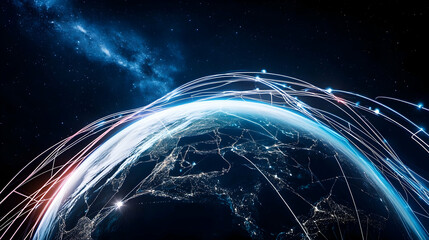 Global network connections illuminate Earth at night, showcasing digital communication and data flow against a cosmic backdrop; ideal for technology and communication concepts