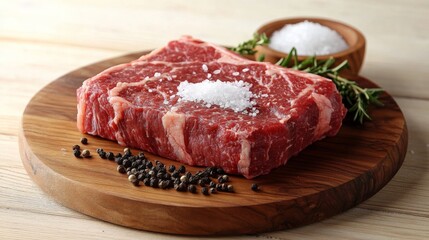 Poster - A close-up of a seasoned bistecca on a wooden platter, garnished with sea salt and black pepper, emphasizing the simplicity and quality of the ingredients.