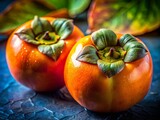 Macro Photography: Two Ripe Persimmons, Close-Up Detail of Diospyros kaki Fruit Skin Texture and Color