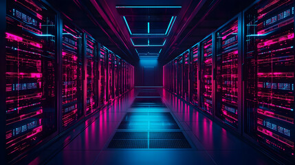 Poster - Futuristic data center corridor with glowing servers and vibrant lighting