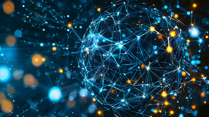Poster - abstract digital globe with interconnected lines and glowing nodes in blue
