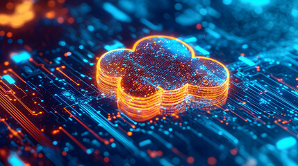 Poster - abstract digital cloud symbol glowing on a futuristic circuit background