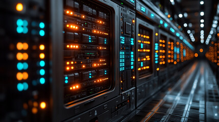 Poster - Data center environment with illuminated server racks during nighttime operations