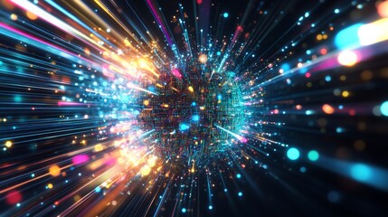 Poster - Vibrant explosion of light and color in abstract digital visualization of data and energy flow
