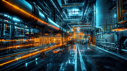 Poster - Futuristic industrial facility featuring illuminated pipes and machinery in action