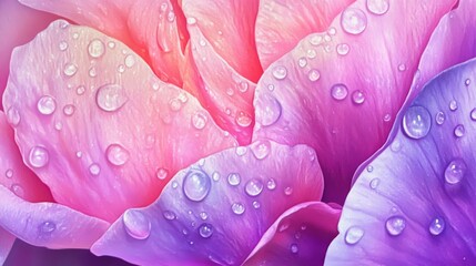 Poster - A close-up of vibrant petals glistening with morning dew, showcasing the intricate details of the flower and the sparkling droplets that enhance its beauty.