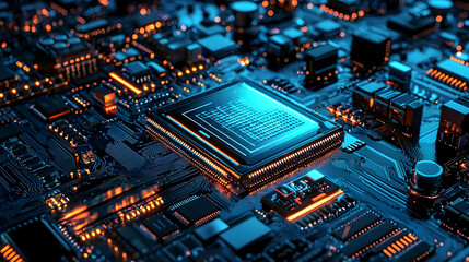 Poster - Close-up of a high-tech microchip on a circuit board illuminated by blue and orange lights