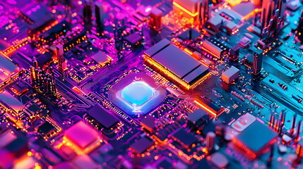 Poster - Vibrant close-up of a modern computer motherboard showcasing intricate circuitry