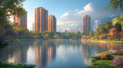 Wall Mural - Lakeside urban park sunrise, apartments reflected, tropical foliage