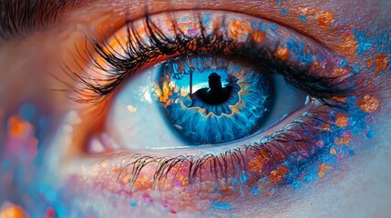 Poster - A striking close-up showcases a mesmerizing eye adorned with vivid colors, capturing the intricate details of patterns and reflections. The enchanting hues blend beautifully with dusk's fading light