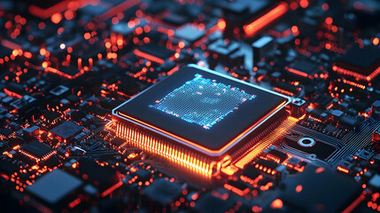 Poster - Close-up of a glowing microprocessor on a circuit board with intricate details (1)