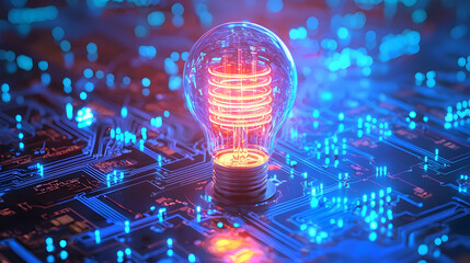 Poster - Illuminated light bulb glowing on a circuit board with blue lights, symbolizing technology
