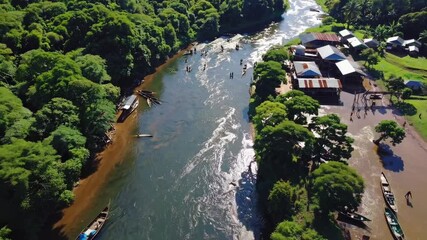 Aufkleber - Scenic river winding through lush rainforest with small village along the bank