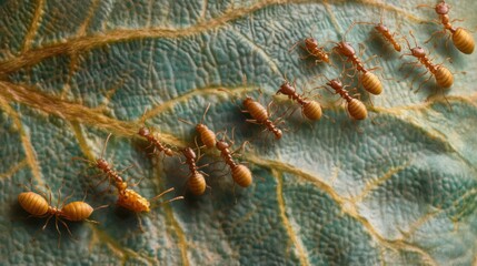 Poster - A detailed view of ants marching along a leaf, working together as they transport food, illustrating the industrious nature of these fascinating insects.