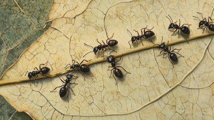 Poster - A detailed view of ants marching along a leaf, working together as they transport food, illustrating the industrious nature of these fascinating insects.