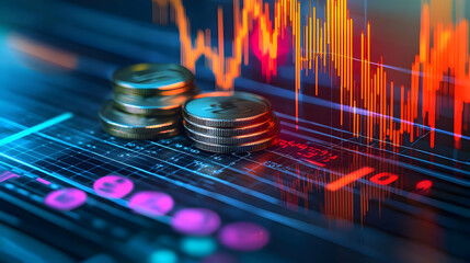 Poster - Stacks of coins on a digital trading interface with fluctuating graphs
