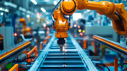 Poster - Robotic arm performing precision assembly in a modern manufacturing facility