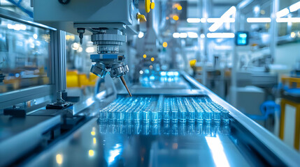 Poster - Automated production line in a factory with glass vials being filled