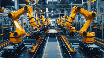 Poster - Advanced robotic arms working in a modern automated manufacturing facility
