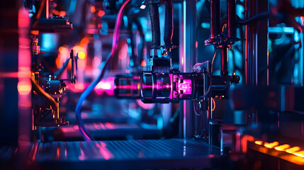 Poster - Vibrant close-up of advanced machinery with colorful lights and intricate details