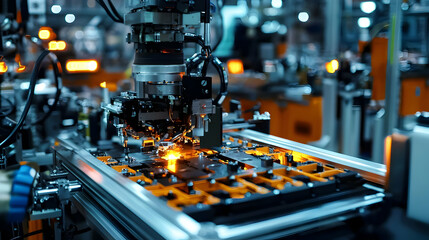 Poster - Advanced robotic arm assembling components in a high-tech manufacturing facility